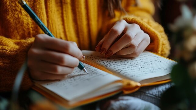 A close-up of a person journaling about their spiritual healing journey, reflecting on personal growth